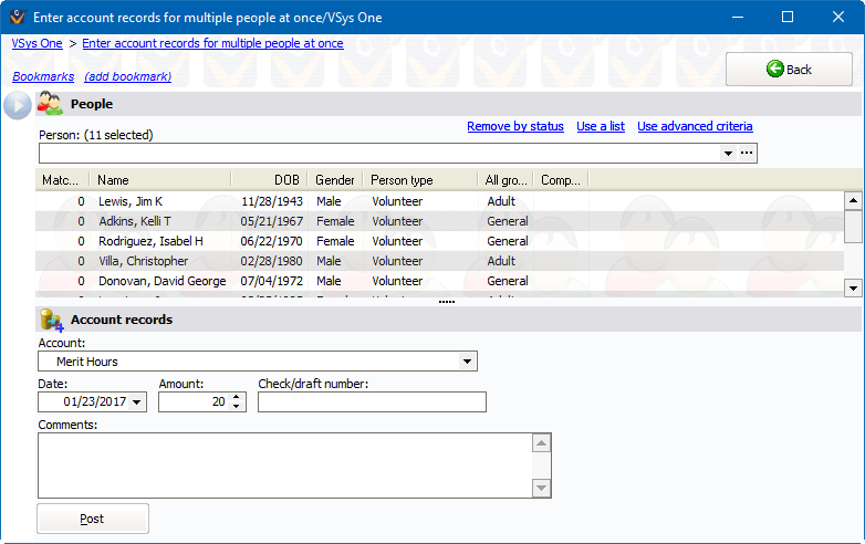 Enter account records for multiple people at once screen