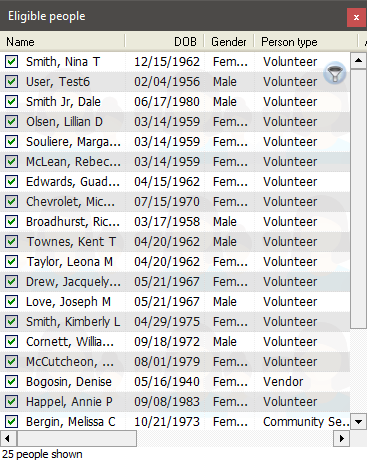 Eligible people window showing volunteers to be changed