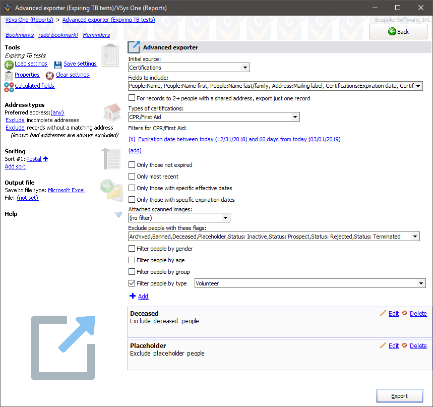 Advanced exporter screen showing All Active Volunteers setting