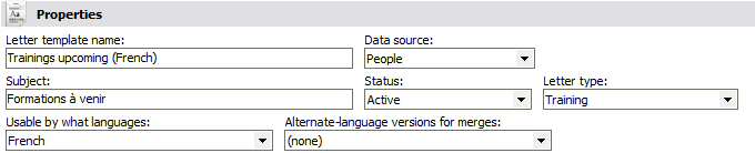 Letter template properties window showing alternate language template