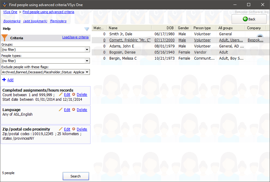 Advanced criteria search based on hours, language and zip code