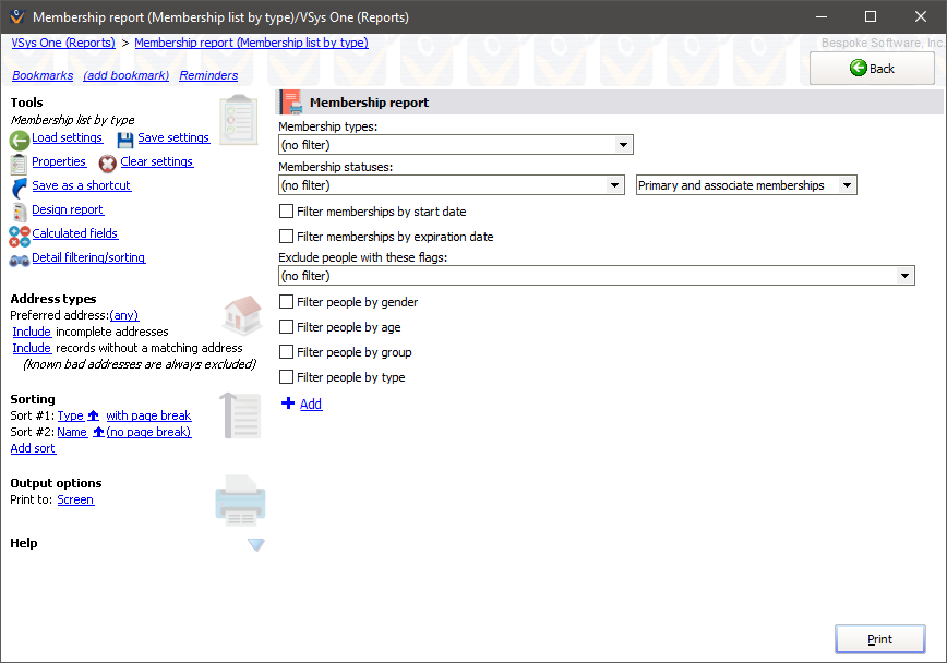 Membership reports screen showing Membership List by Type settings