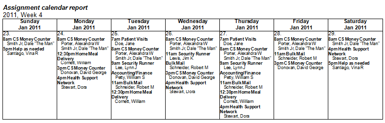 Sample Weekly Assignment Calendar RTF Report