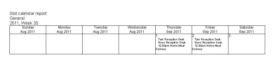 Sample Slot Calendar Report: Weekly