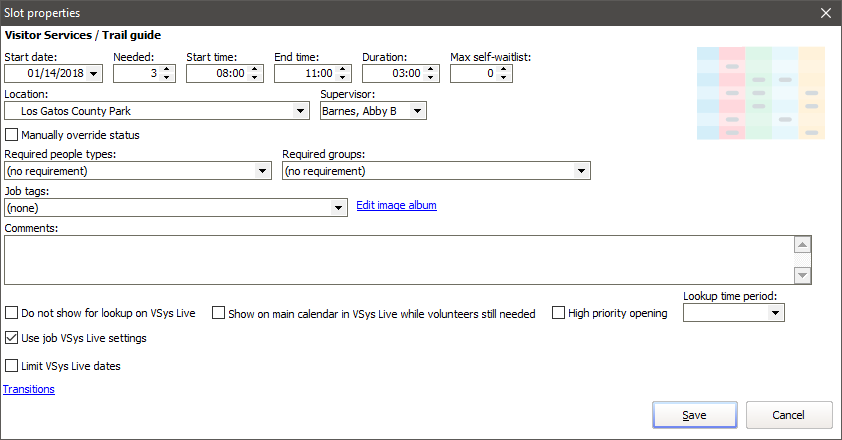 Job slot properties window showing  the job slot details